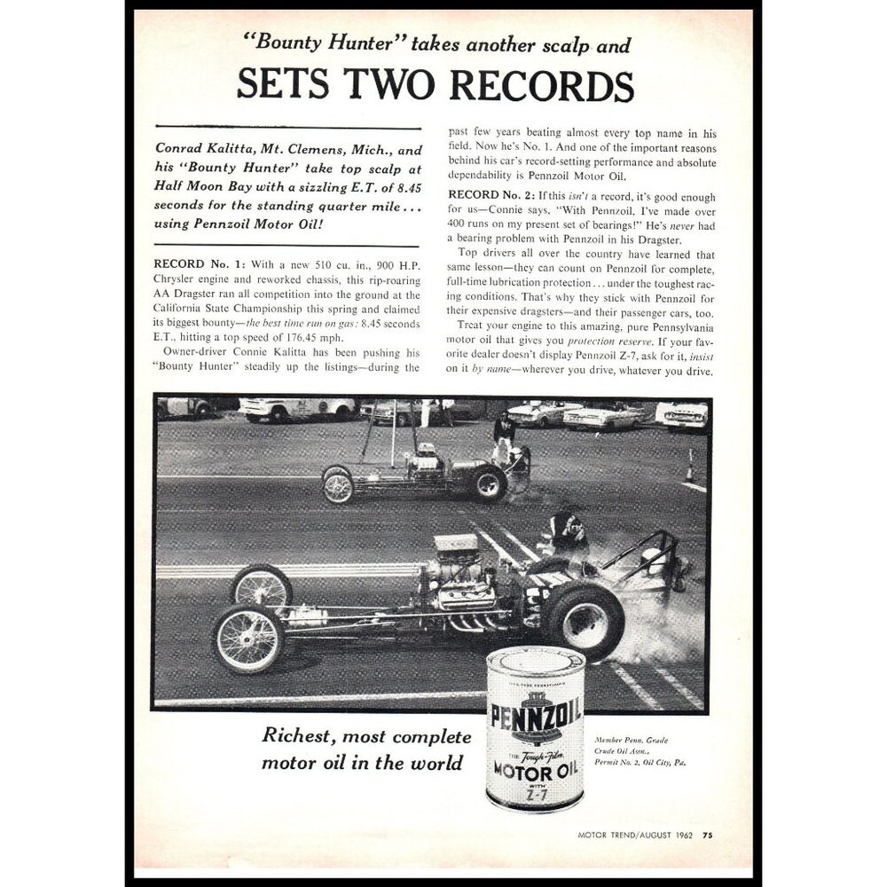 1962 Pennzoil Motor Oil Vintage Print Ad Drag Strip Race Cars Man Cave Wall Art